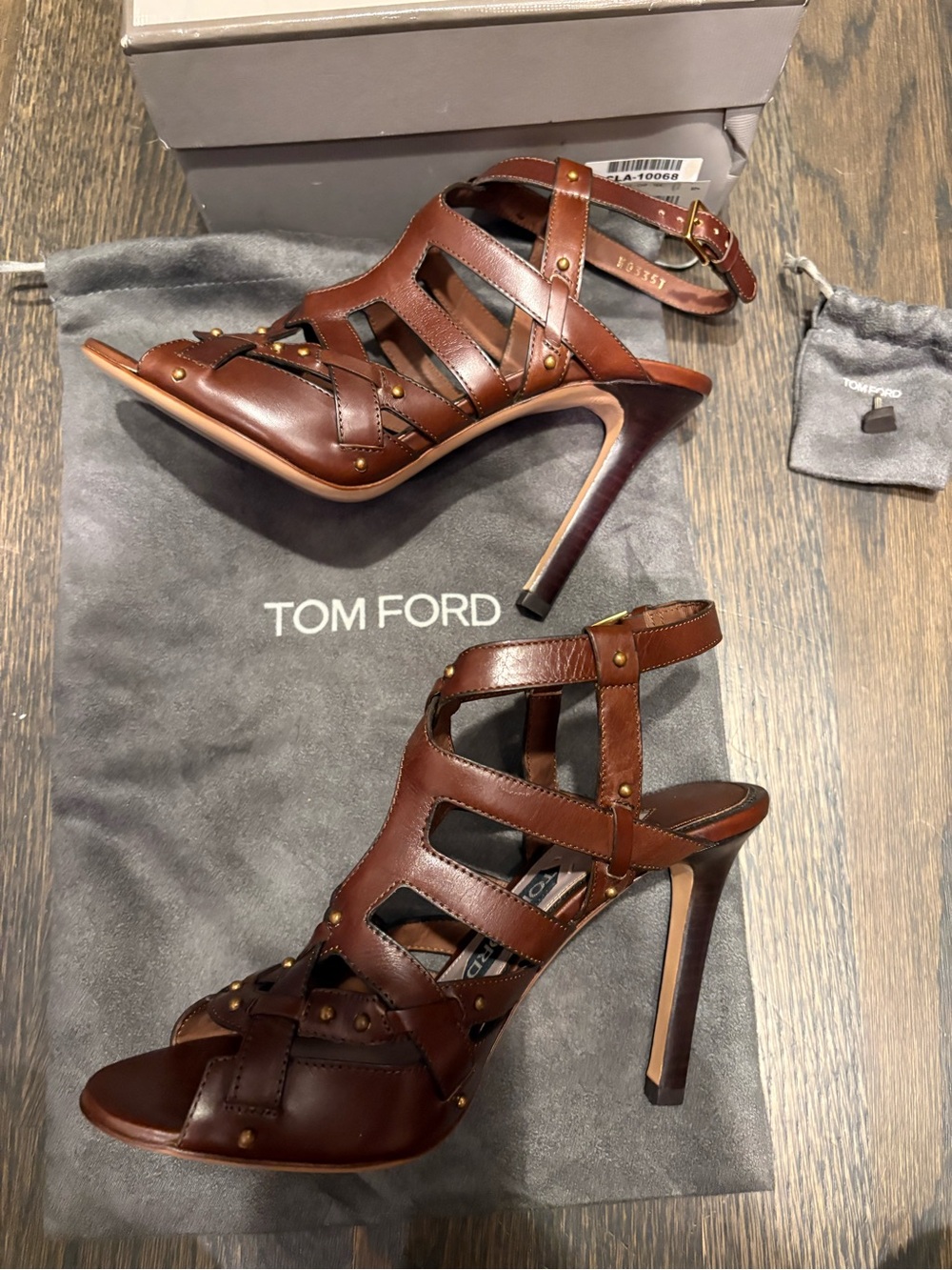 Tom Ford Brown Leather Studded Strappy Heels Italy as is floor display 37 1/2 - Picture 4 of 14
